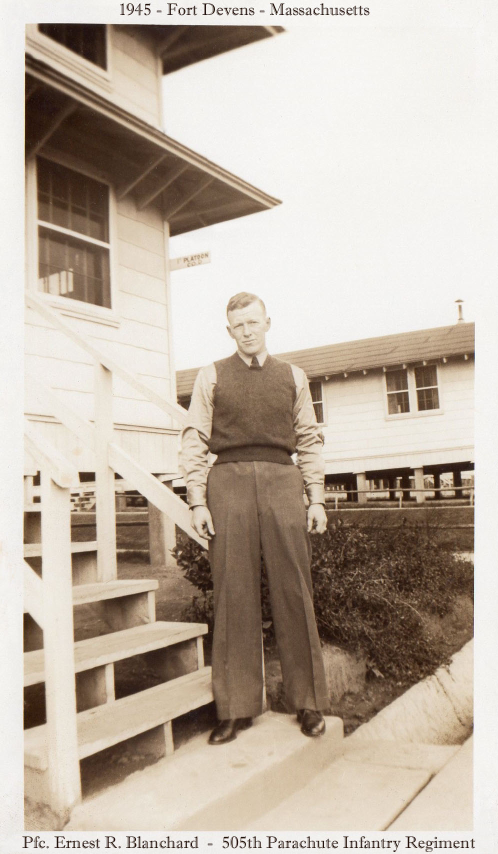 Pfc. Ernest R Blanchard before discharge at Fort Devens, Massachusetts 1945